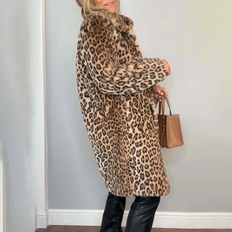 Leopard Print Plush Jacket — Cozy Loose-Fit Mid-Length Outwear