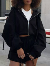 Zip Up Long Sleeve Outerwear and Shorts Set