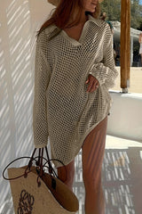 Collared Neck Openwork Crochet Knit Cover Up