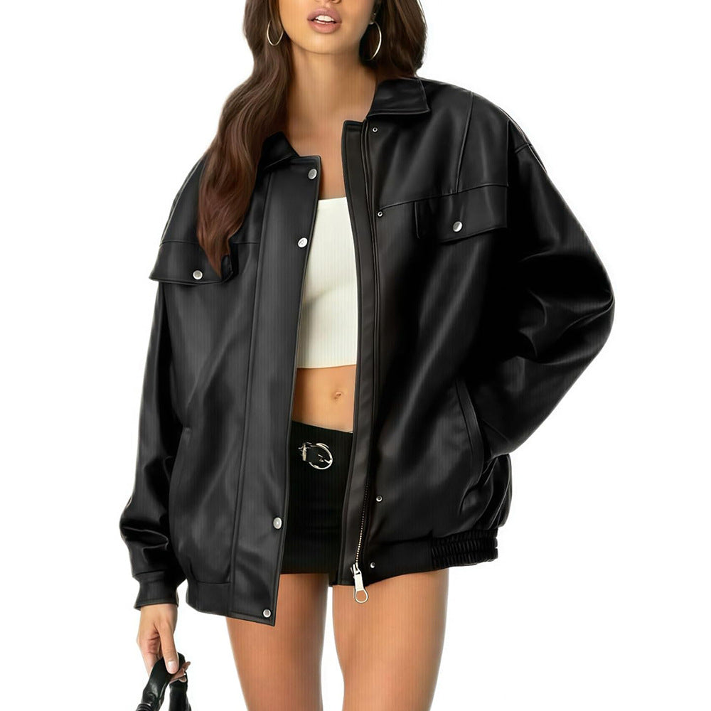 Leather Jacket Loose Long Sleeve Lapel Motorcycle Jacket