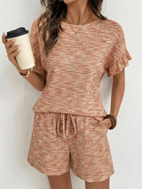 Ruffle Sleeve Textured Top and Shorts Set