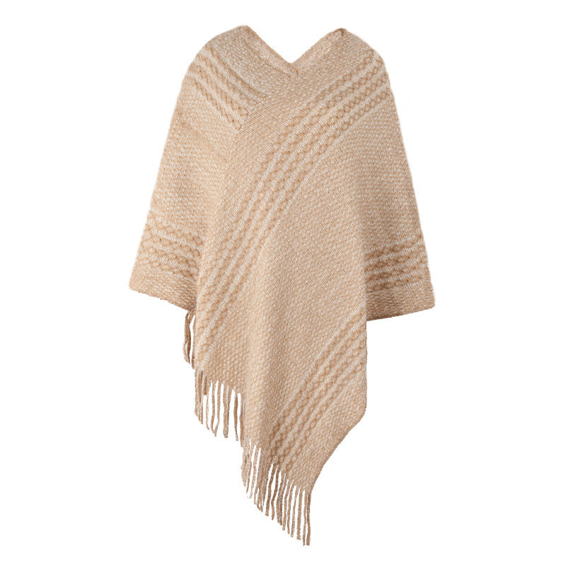Striped Cape Fringed Shawl  S