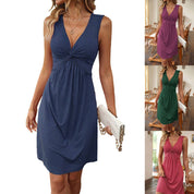 V-Neck Sleeveless Solid Dress - Bust Knot Detail & Waist-Defining Dress