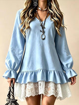 V-Neck Long Sleeve Ruffle Hem Lace Trim Mini Dress