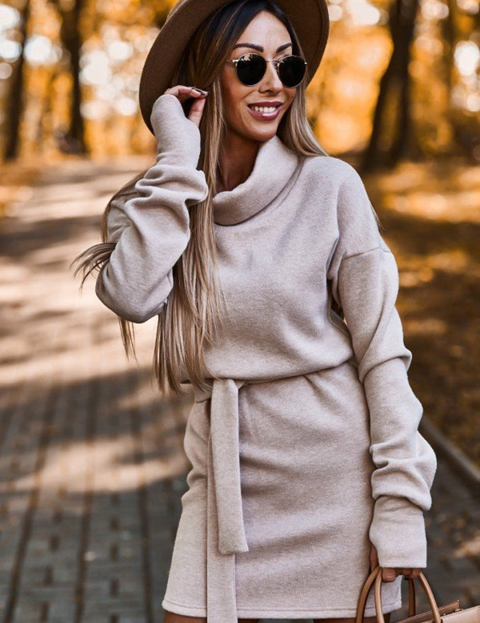 High Collar Belt Fashion Long Sleeve Skirt