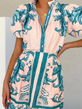 Puff Sleeve Printed Top and Zip Back Skirt Set