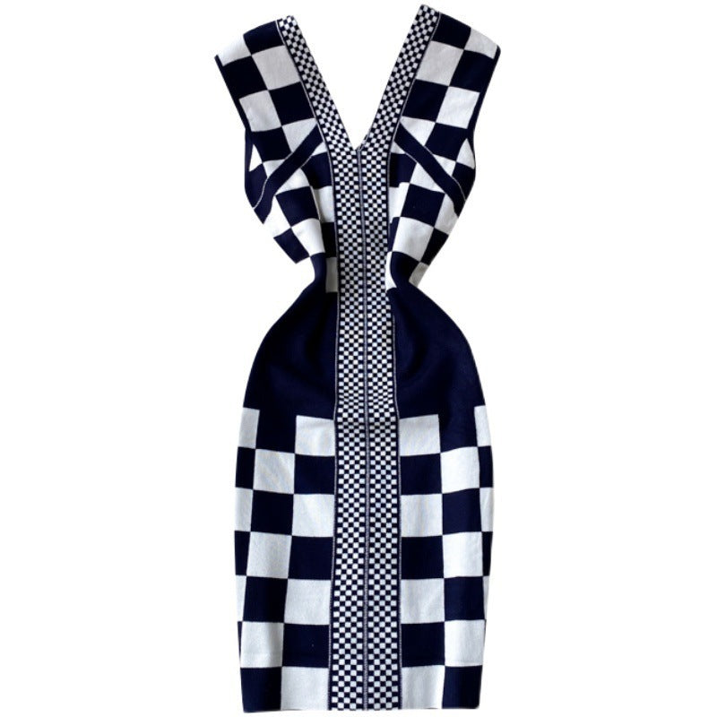 Checkered Pinched Navy and White Dress