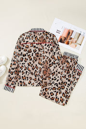 Leopard Colorblock Stripe Edge Shirt and Pants Pajama Set