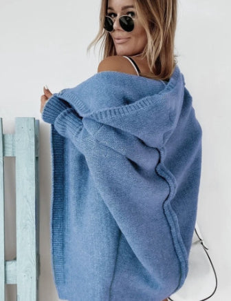 Knitted Hooded Cardigan With Batwing Sleeve