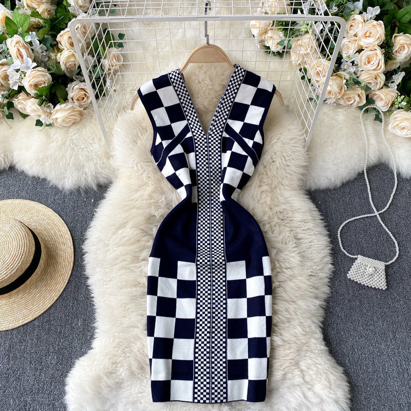 Checkered Pinched Navy and White Dress