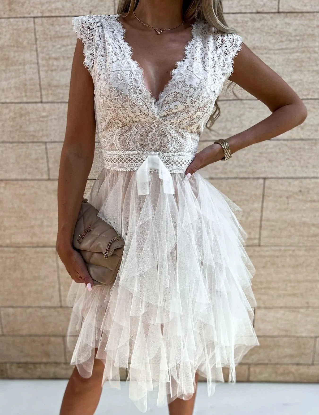 Lace V-Neck Ruffle Dress