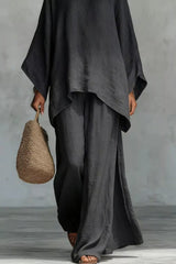 Solid Color Long Sleeve Top and Wide Leg Pants Set