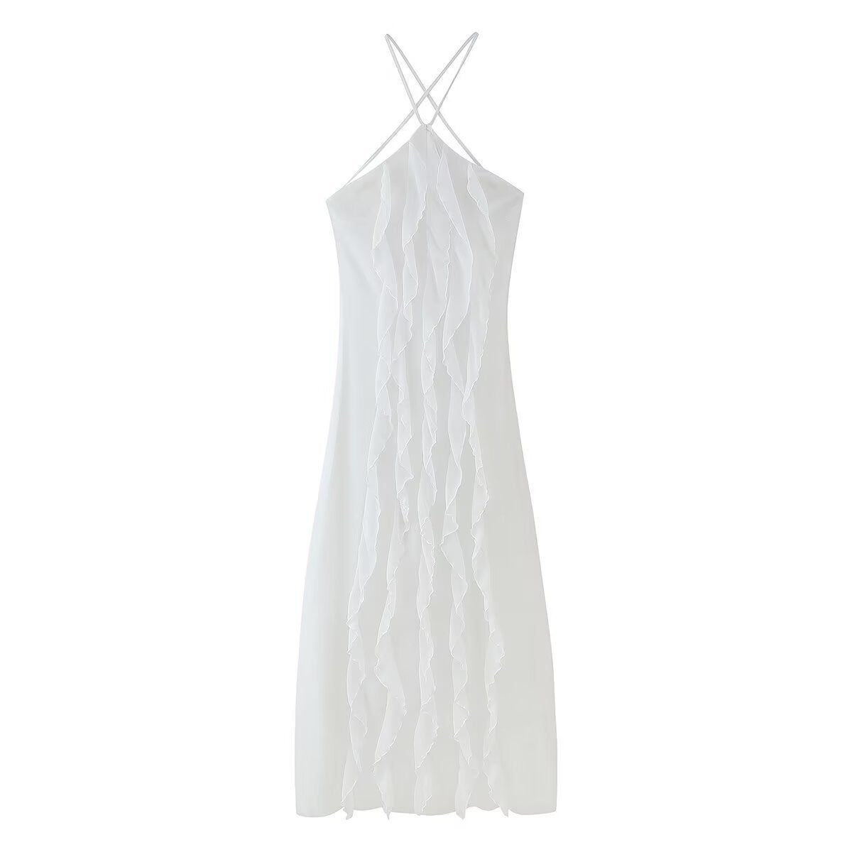 Pure Color Halter Backless Lace-up Sleeveless Ruffled Pleated Dress