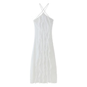 Pure Color Halter Backless Lace-up Sleeveless Ruffled Pleated Dress