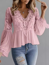 Lace V-Neck Long Sleeve Blouse with Peplum Hem
