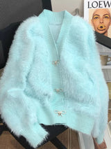 Fuzzy Bow Button Up Cardigan