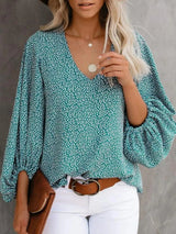 Printed V-Neck Long Sleeve Blouse