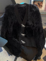Fuzzy Bow Button Up Cardigan