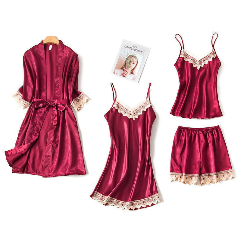 Satin Lace Trim Four Piece Set