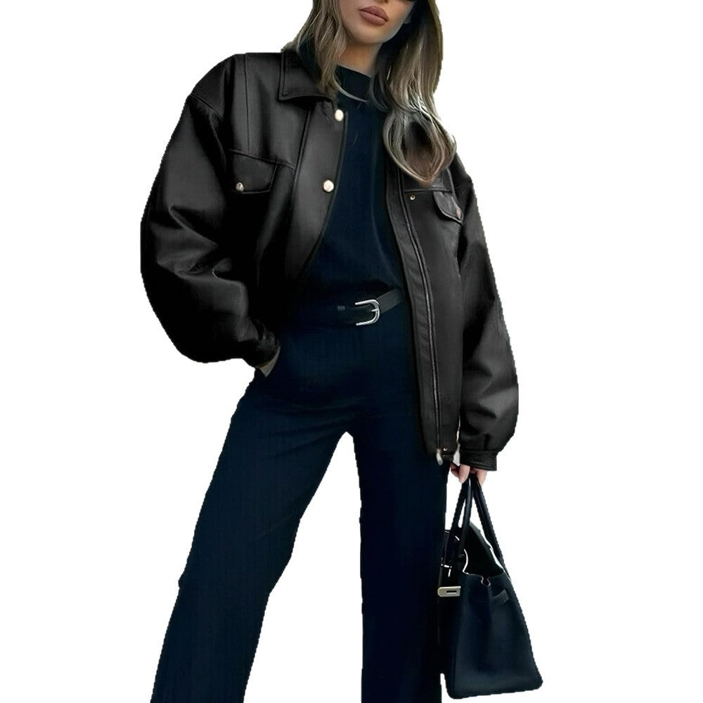 Leather Jacket Loose Long Sleeve Lapel Motorcycle Jacket