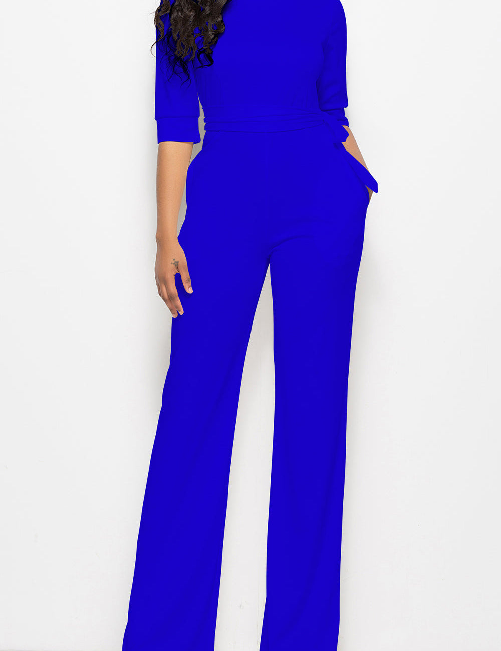 Mock Neck Tie-Waist Half Sleeve Jumpsuit