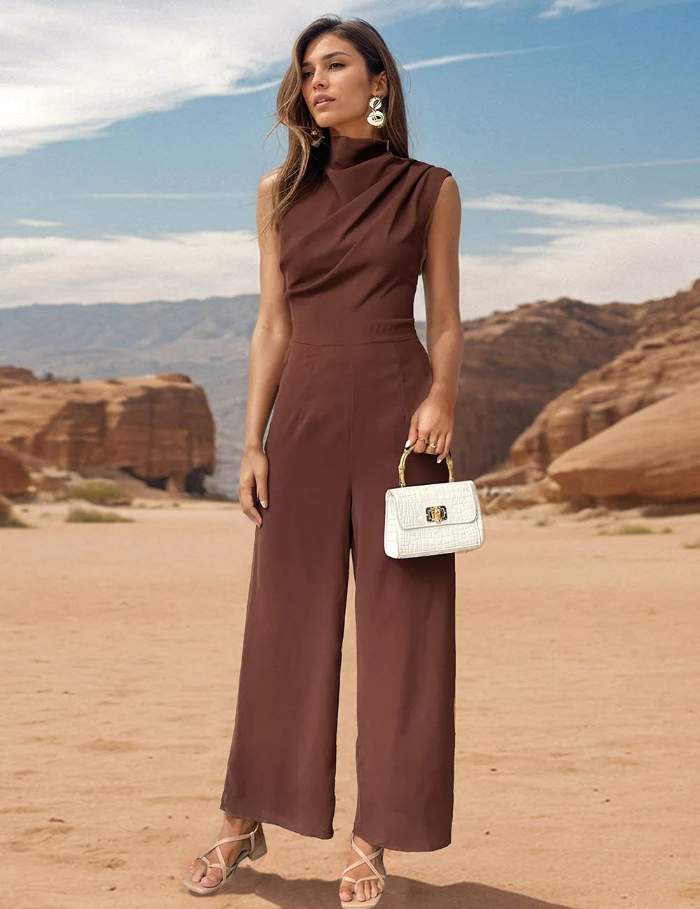 Ruched Mock Neck Sleeveless Jumpsuit