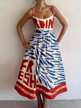 Sardine Print Spaghetti Strap Midi Dress