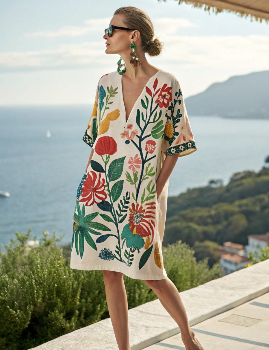 🌸 Chic & Carefree - Loose Printed V-neck  Casual Holiday Dress