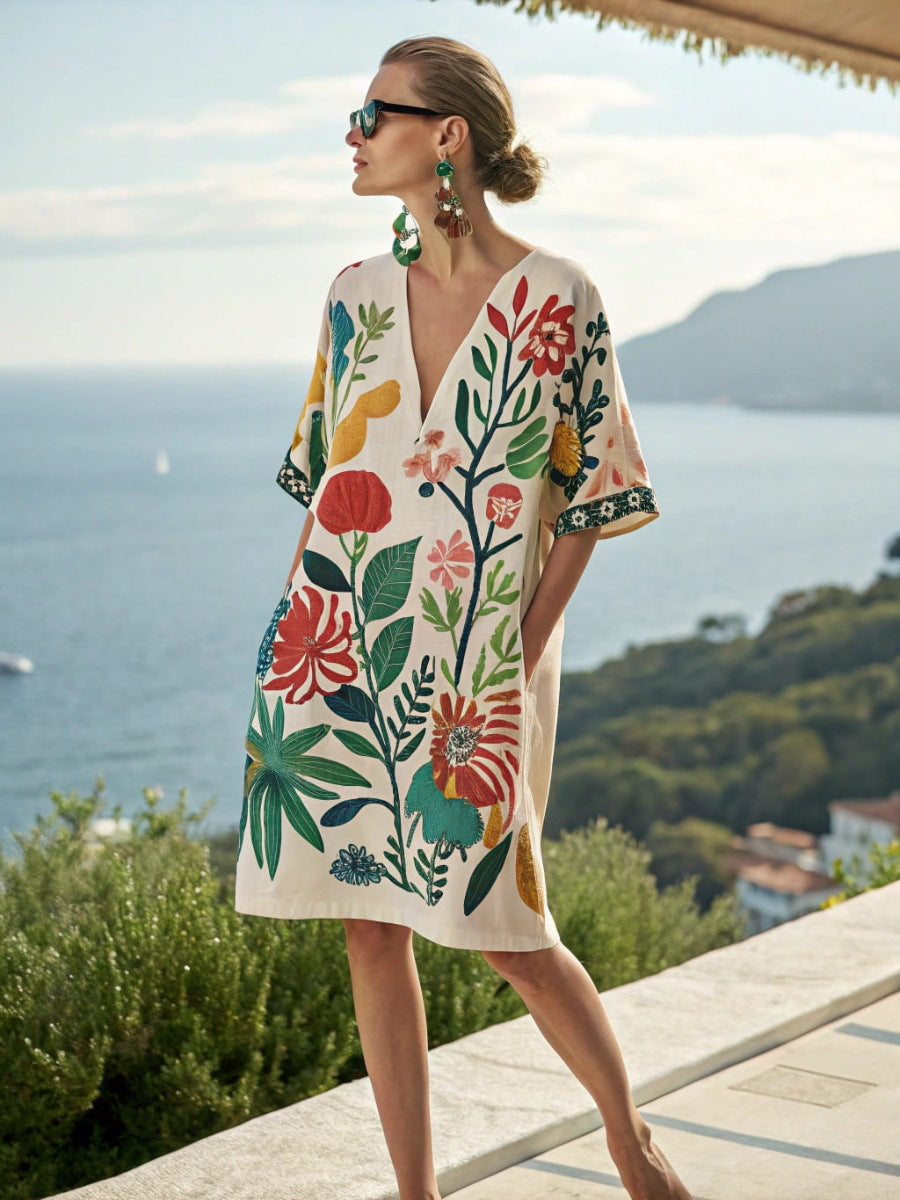 🌸 Chic & Carefree - Loose Printed V-neck  Casual Holiday Dress