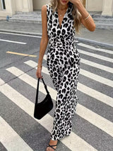 Sleeveless V-Neck Leopard Print Wide Leg Jumpsuit