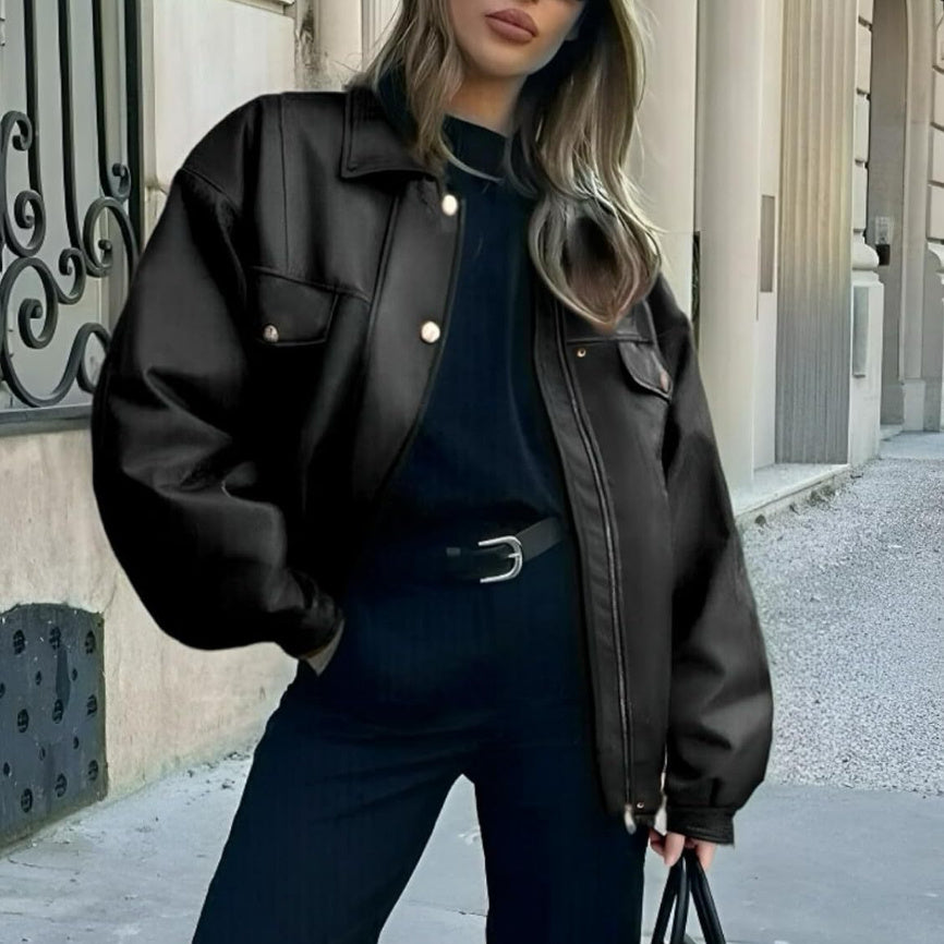 Leather Jacket Loose Long Sleeve Lapel Motorcycle Jacket