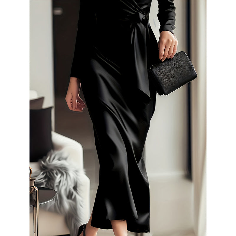 Elegant Burgundy Satin Midi Dress With Belted Waist