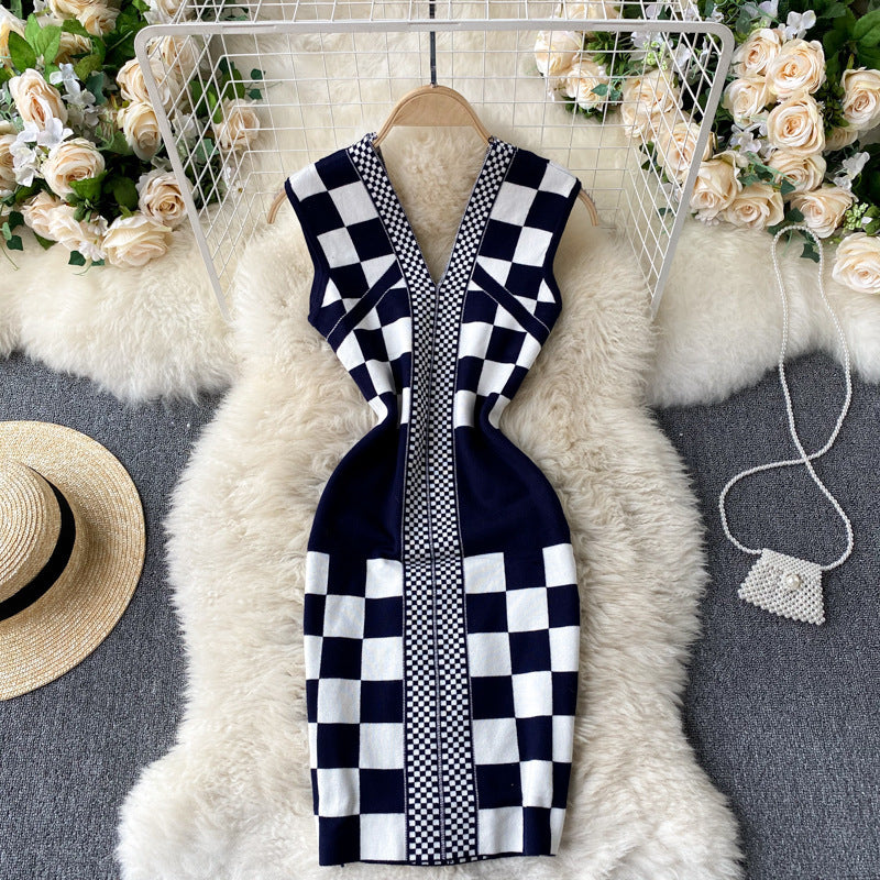 Checkered Pinched Navy and White Dress