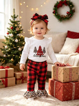 Children's Christmas Tree Graphic Top and Plaid Ruffle Pants Set with Headband