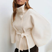 Elegant High Neck Batwing Sleeve Coat With Belt