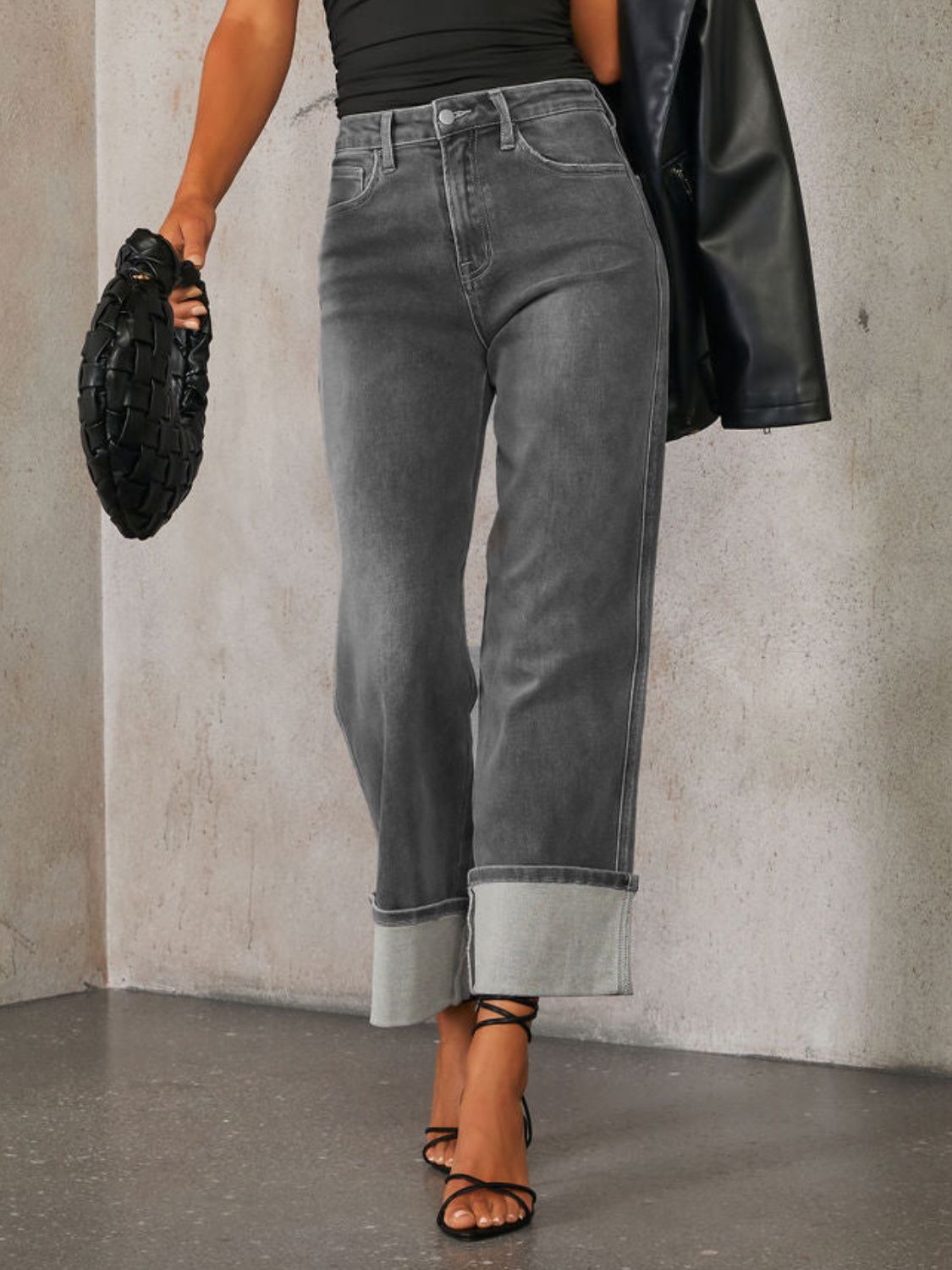 High Waisted Straight Leg Rolled Jeans