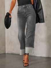 High Waisted Straight Leg Rolled Jeans