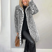 Leopard Print Plush Jacket — Cozy Loose-Fit Mid-Length Outwear