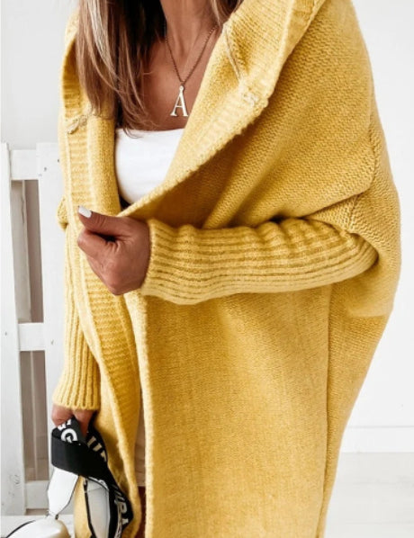 Knitted Hooded Cardigan With Batwing Sleeve