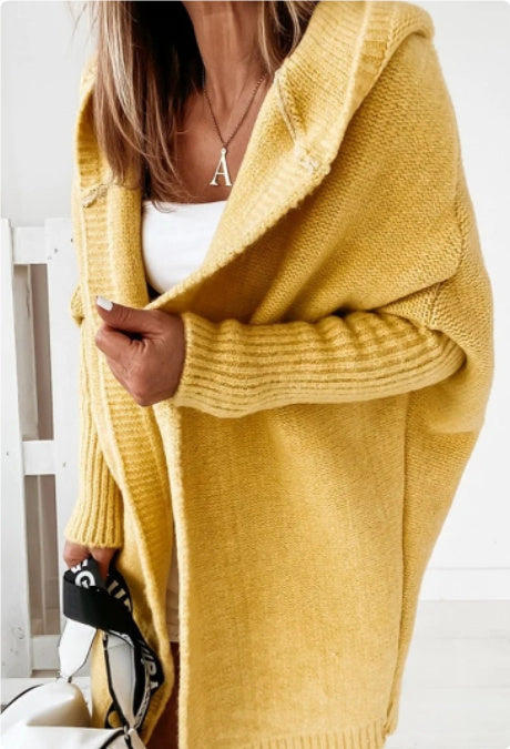 Knitted Hooded Cardigan With Batwing Sleeve