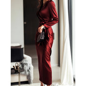 Elegant Burgundy Satin Midi Dress With Belted Waist