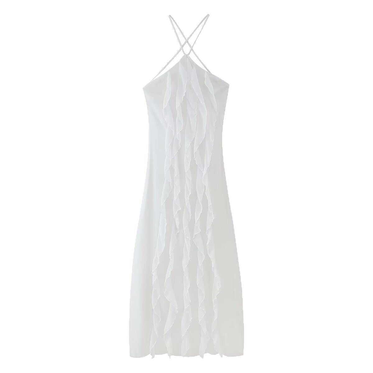 Pure Color Halter Backless Lace-up Sleeveless Ruffled Pleated Dress