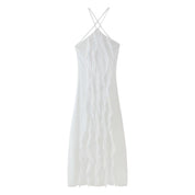 Pure Color Halter Backless Lace-up Sleeveless Ruffled Pleated Dress