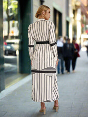 Long Fashion White High Waist Stand Collar Striped Dress