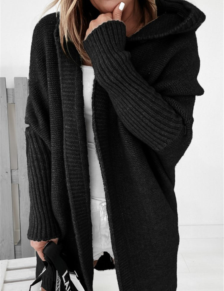 Knitted Hooded Cardigan With Batwing Sleeve
