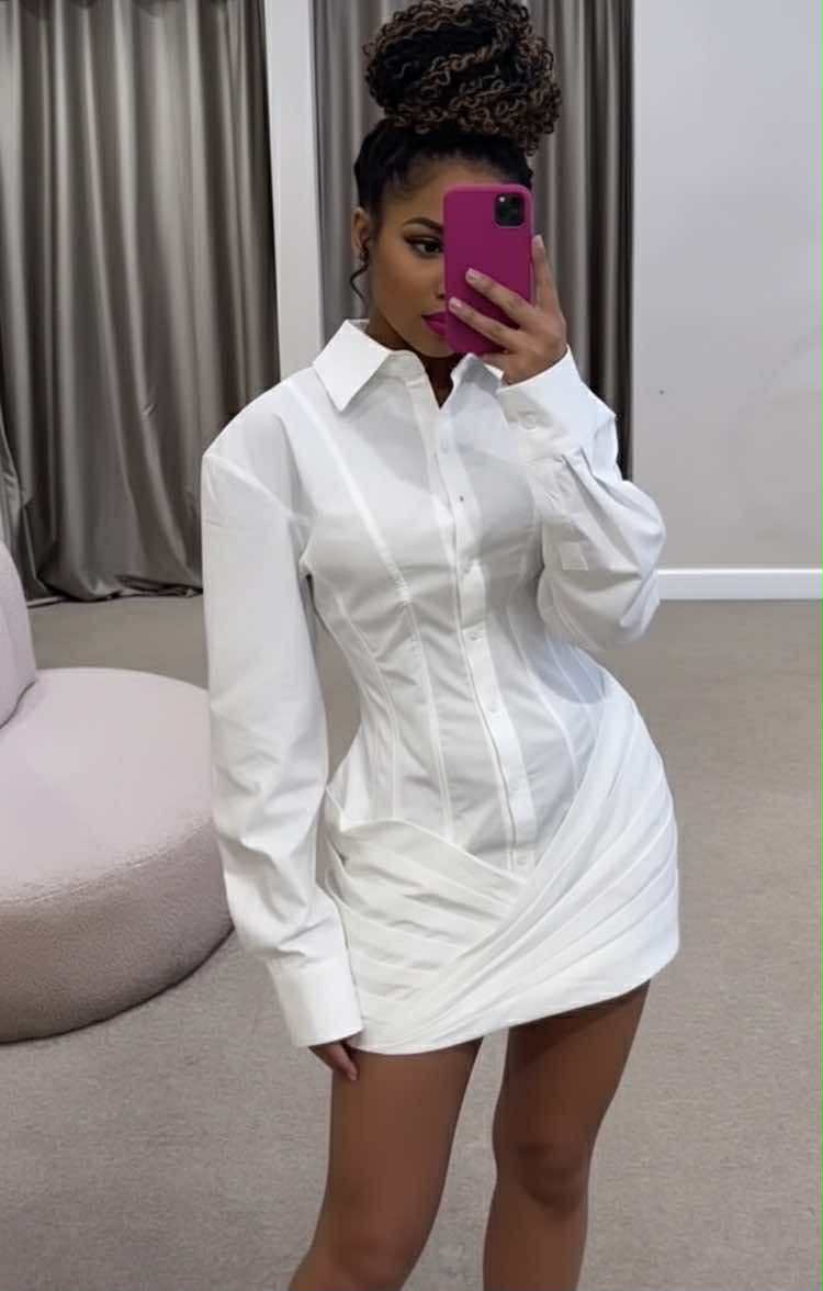 White Pleated Long Sleeve Shirt Dress