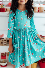 Christmas Candy 3/4 Sleeve Pocket Twirl Dress