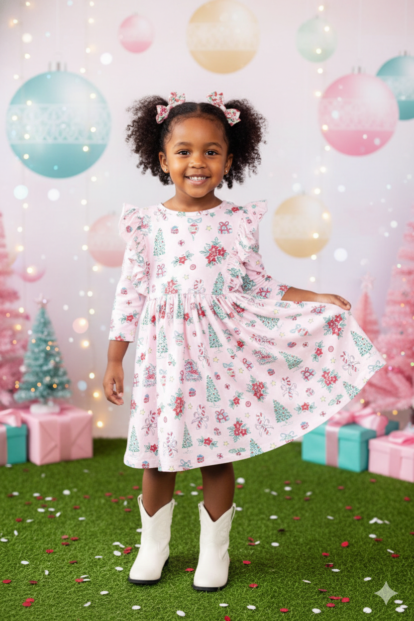 Pink Christmas 3/4 Sleeve Ruffle Twirl Dress