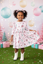Pink Christmas 3/4 Sleeve Ruffle Twirl Dress
