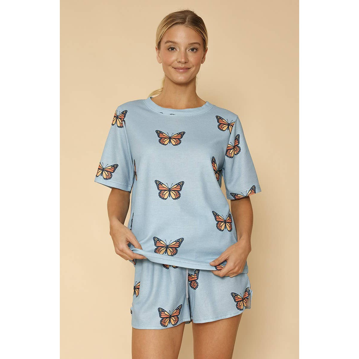 Miss Sparkling Waffle Fabric Printed Matching Shorts Set